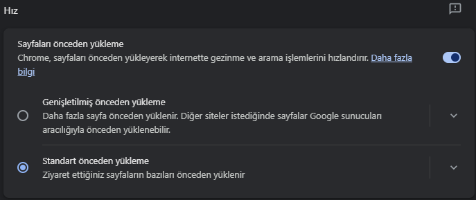 Chrome Sayfaları Önceden Yükleme Devre Dışı