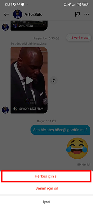 TikTok Gönderilen Mesajı Silme