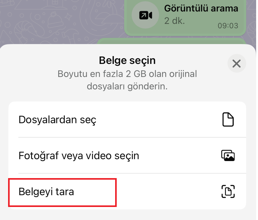 WhatsApp üzerinde belgeyi taratıp PDF olarak gönderme adımları nelerdir