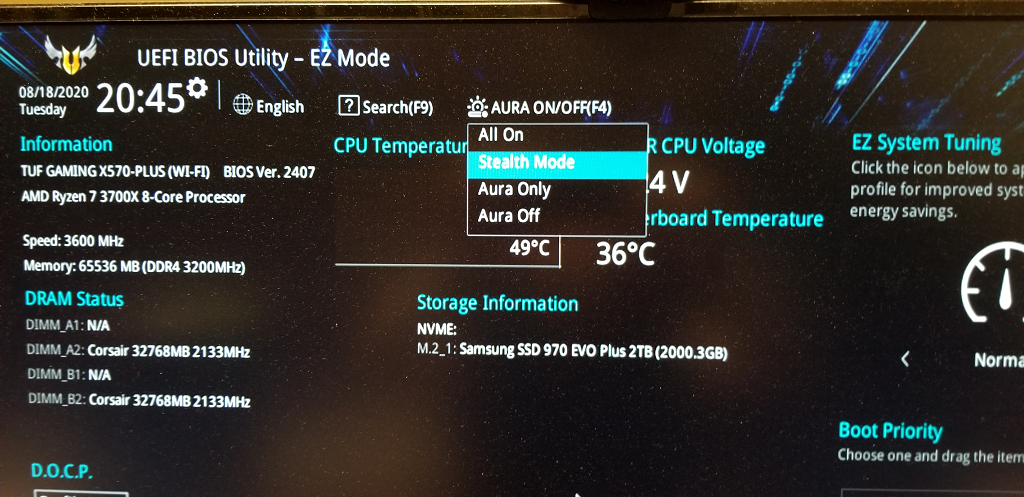 BIOS ayarları kullanılarak RGB aydınlatmasının yönetildiği bilgisayar bileşeni.