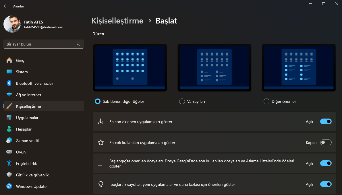 Windows 11 Başlat Menüsü Özelleştirme