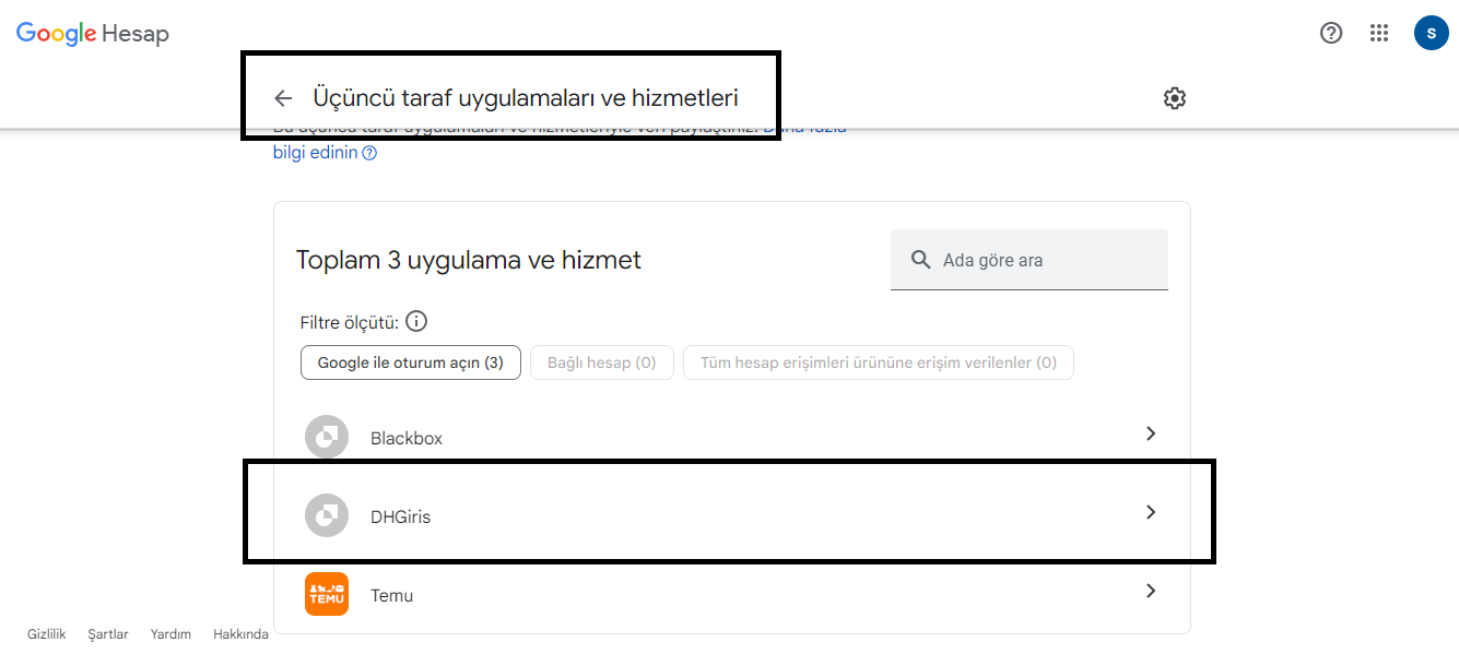 Google hesabınızın bağlı olduğu uygulamaları kapatma adımları nelerdir ?