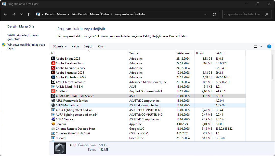 Asus Armoury Crate Kaldırma ASUS Armoury Crate Kaldırma