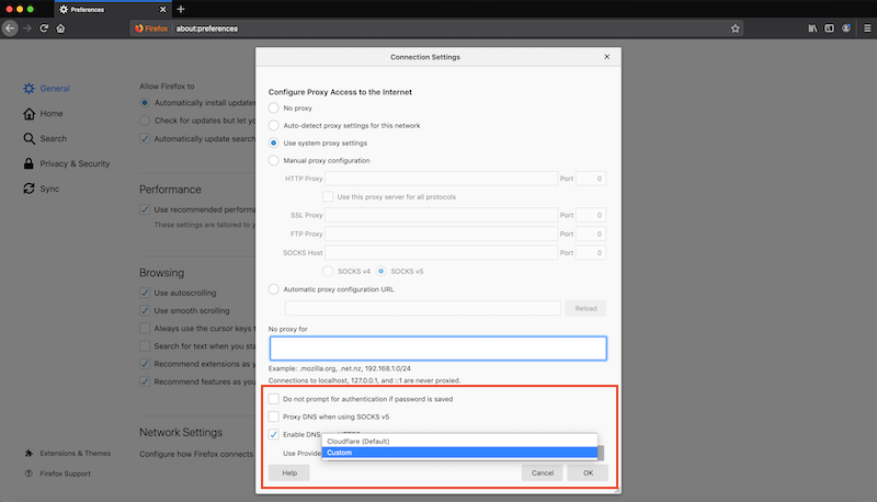 Firefox tarayıcısında DNS ayarlarını değiştirme adımları gösteren ekran görüntüsü.