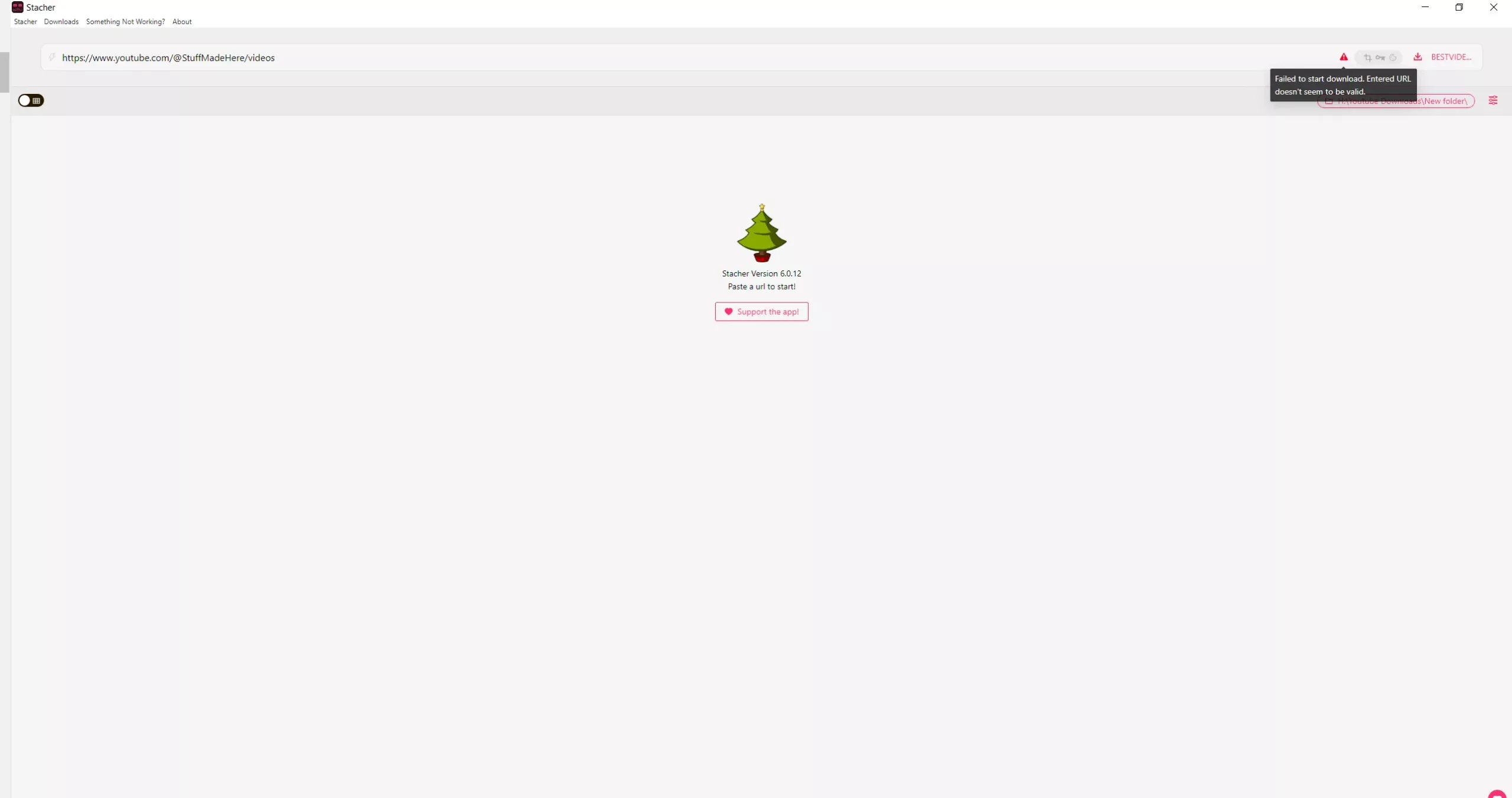 YouTube geçersiz URL hatası ekranında bir hata mesajı görüntüleniyor.