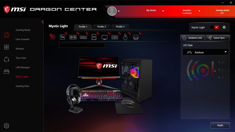 MSI Mystic Light yazılımı ile anakart ve bileşenlerin LED ışıklarını kontrol eden bir kullanıcının ekran görüntüsü.