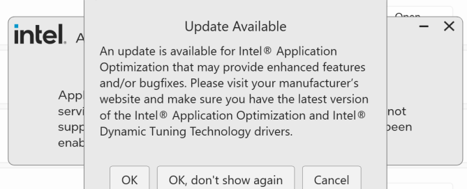 Intel Apo açılmıyor hatasıyla karşılaşan bir kullanıcının bilgisayar ekranında yer alan hata mesajı.