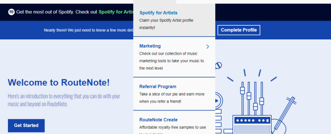RouteNote platformunda sanatçı profili oluşturulamadığını gösteren bir ekran görüntüsü.