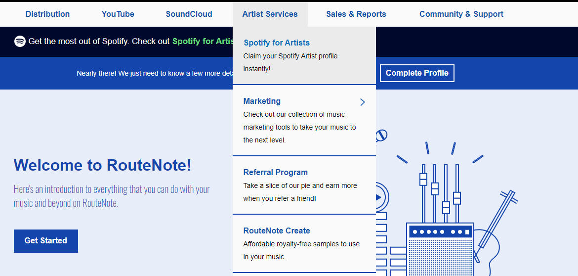 RouteNote platformunda sanatçı profili oluşturulamadığını gösteren bir ekran görüntüsü.