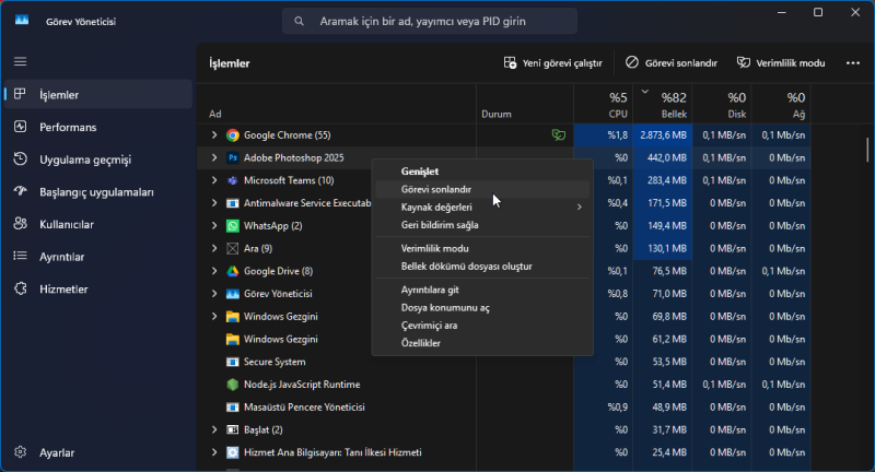 Windows 11 Yüksek RAM Kullanımı