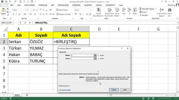 Microsoft Excel'de Ad ve Soyadları Birleştirme
