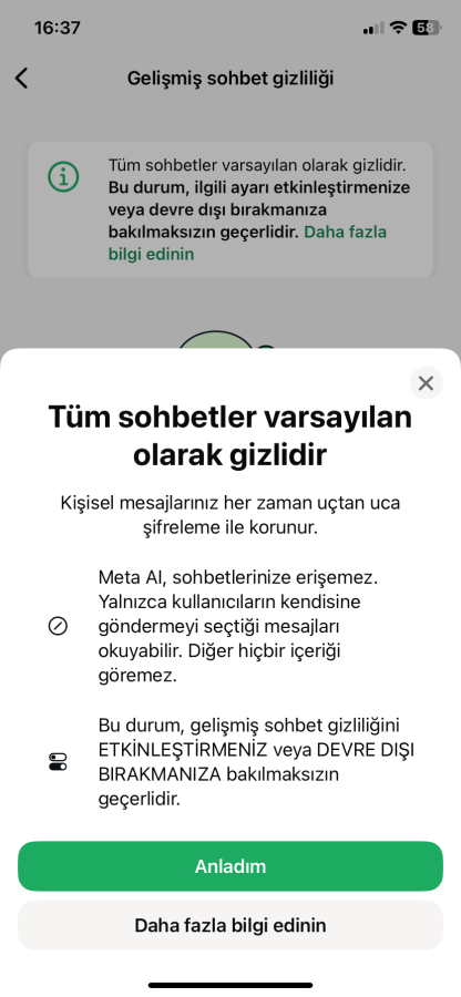 WhatsApp gelişmiş sohbet gizlilik ayarı