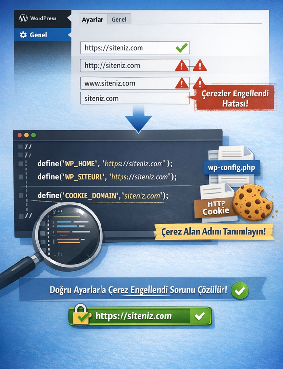 URL ve Çerez Alan Adı Ayarları WordPress'te Site Adresi (URL) ve WordPress Adresi (URL) birbirine tam olarak uymalıdır. Biri https:// diğeri http:// ile başlıyorsa veya biri www ile diğeri olmadan tanımlıysa Çerezler Engellendi Hatası kaçınılmazdır. Yönetici paneline girebiliyorsanız Ayarlar > Genel bölümünden bu iki değeri kontrol edin. Giremiyorsanız wp-config.php dosyasına şu satırları ekleyin: define('WP_HOME', 'https://siteniz.com'); define('WP_SITEURL', 'https://siteniz.com'); Ayrıca çerez alan adını açıkça tanımlamak da Çerezler Engellendi Hatası çözmede etkili olabilir. Aynı dosyaya define('COOKIE_DOMAIN', 'siteniz.com'); satırını ekleyerek çerezlerin hangi alan adında geçerli olacağını belirtebilirsiniz.