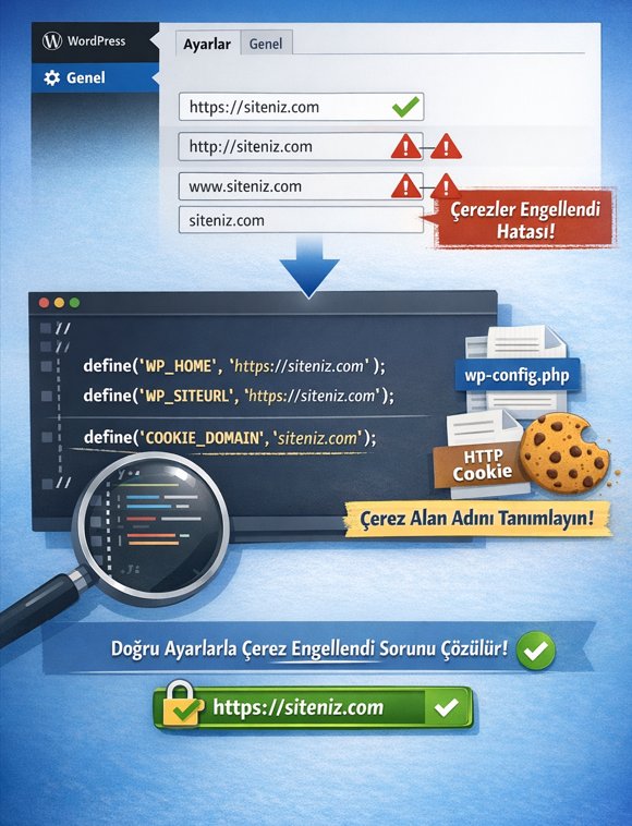 WordPress Çerezler Engellendi Hatası Nasıl Düzeltilir URL ve Çerez Alan Adı Ayarları WordPress'te Site Adresi (URL) ve WordPress Adresi (URL) birbirine tam olarak uymalıdır. Biri https:// diğeri http:// ile başlıyorsa veya biri www ile diğeri olmadan tanımlıysa Çerezler Engellendi Hatası kaçınılmazdır. Yönetici paneline girebiliyorsanız Ayarlar > Genel bölümünden bu iki değeri kontrol edin. Giremiyorsanız wp-config.php dosyasına şu satırları ekleyin: define('WP_HOME', 'https://siteniz.com'); define('WP_SITEURL', 'https://siteniz.com'); Ayrıca çerez alan adını açıkça tanımlamak da Çerezler Engellendi Hatası çözmede etkili olabilir. Aynı dosyaya define('COOKIE_DOMAIN', 'siteniz.com'); satırını ekleyerek çerezlerin hangi alan adında geçerli olacağını belirtebilirsiniz.