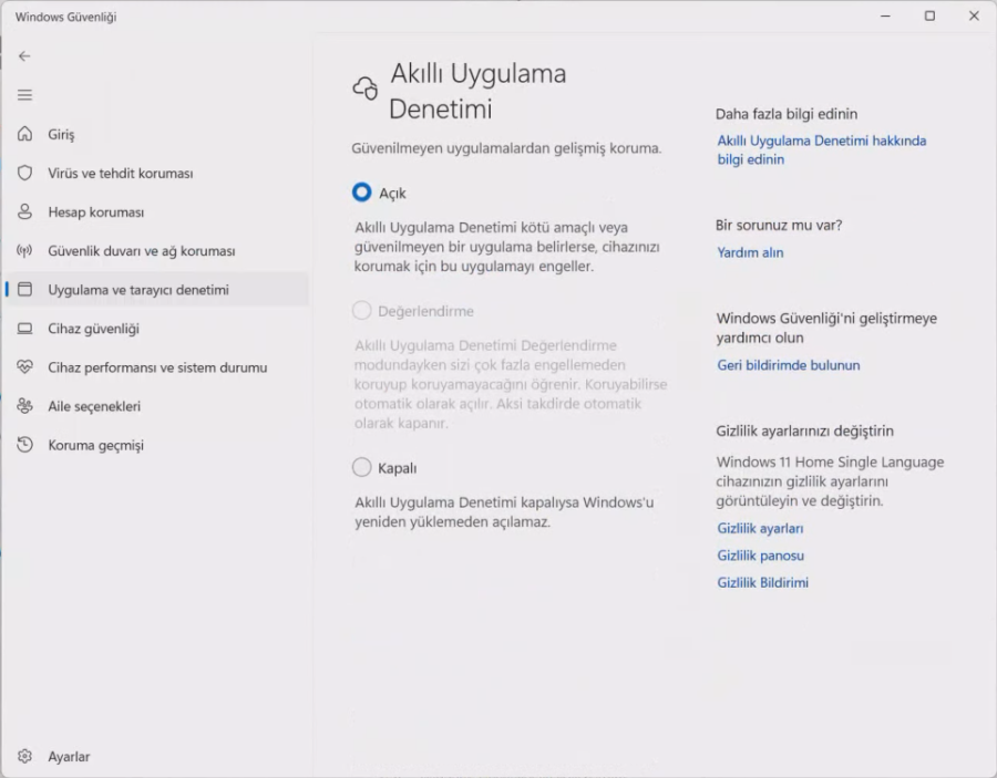 Windows 11 Akıllı Uygulama Denetimi Kapatma