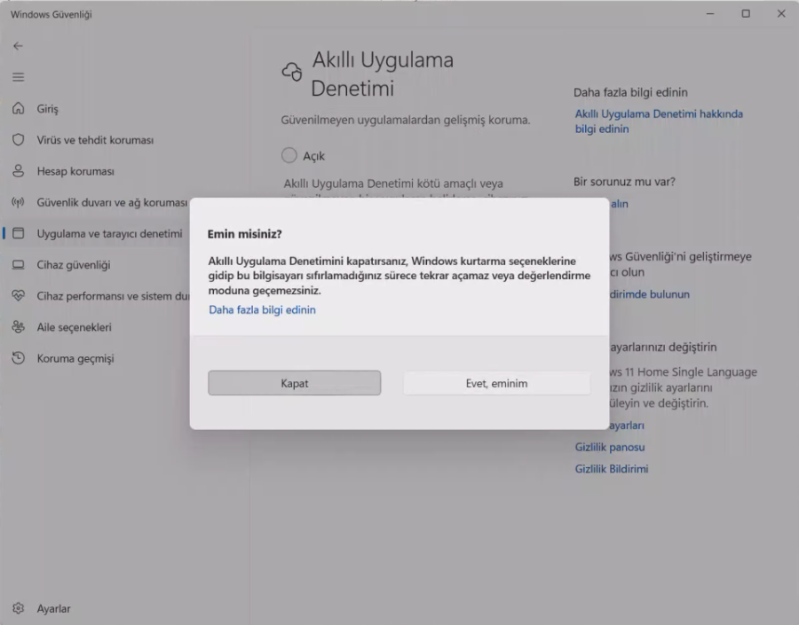 Windows 11 Akıllı Uygulama Denetimi Kapatma
