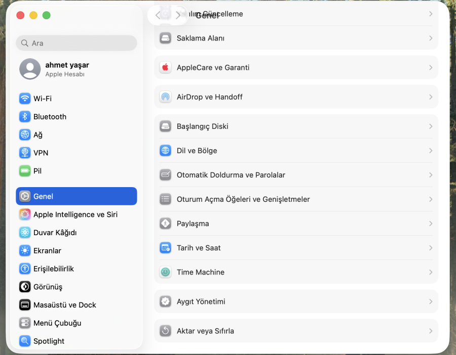 Genel Ayarlar MacBook Air Sıfırlama