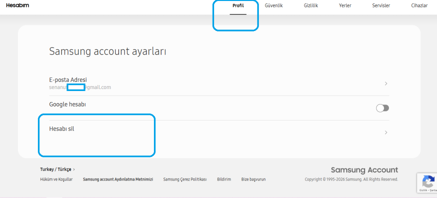 Web Üzerinden Samsung Account Hesabı Silme